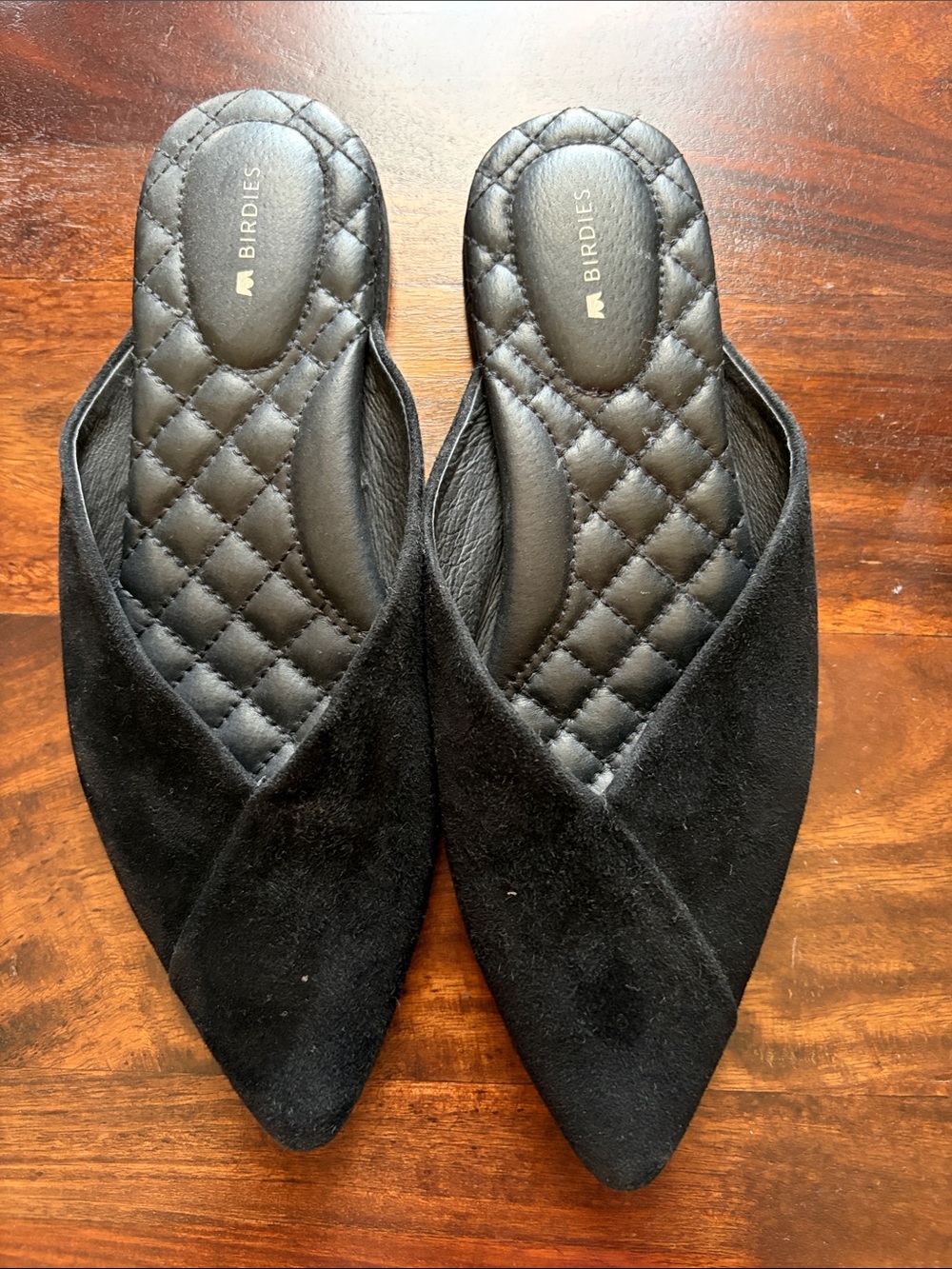 Birdies Black Quilted-Detail Pointed Slip-On Mules